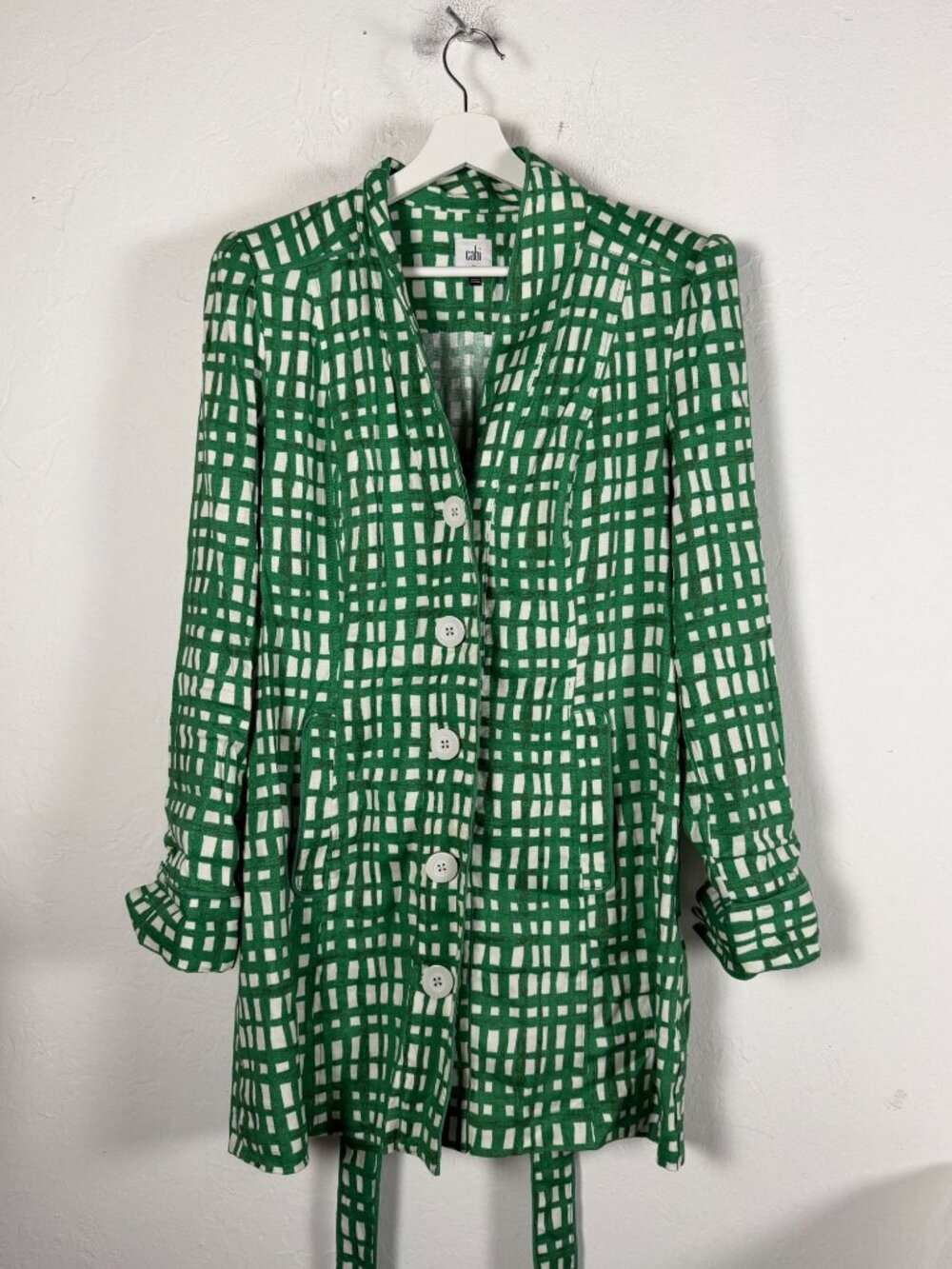 Cabi Circuit Jacket Womens Green Grid Plaid Trench Linen Blend Belted Top Medium